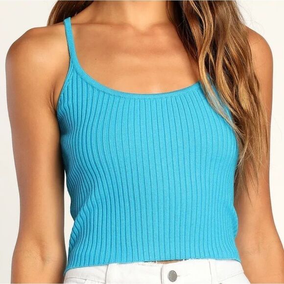 Lulus Good Times Ribbed Knit Tank Top Sleeveless Sweater, Large,  Turquoise Blue - Picture 8 of 8